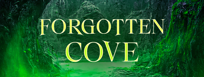 Image of a creepy cove covered in a green smoke, with yellow lettering that reads "Forgotten Cove," which is the first book in the Hailing Cove Series.