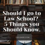 Image of law student standing in front of books at the library. The text reads: Should I go to law school? 5 Things you Should Know.