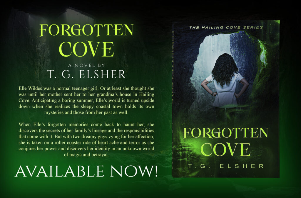 Banner for Book one of the Hailing Cove Series: Forgotten Cove. It features an image of the hard cover book with a text description that provides a synopsis of the book.